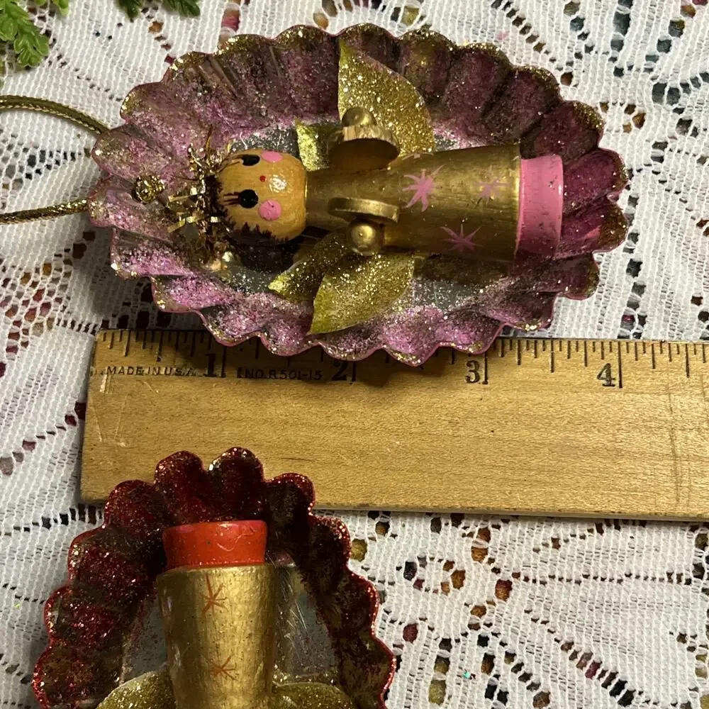 Vintage Oval Tart Tins + Pink Red Gold Angels Diorama Mid Century Ornaments